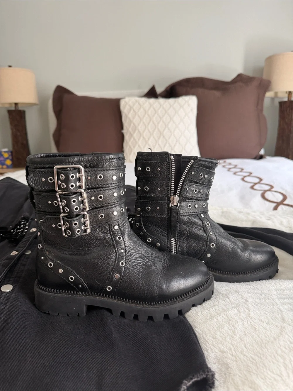 Zara Black Studded Buckle Moto Boots